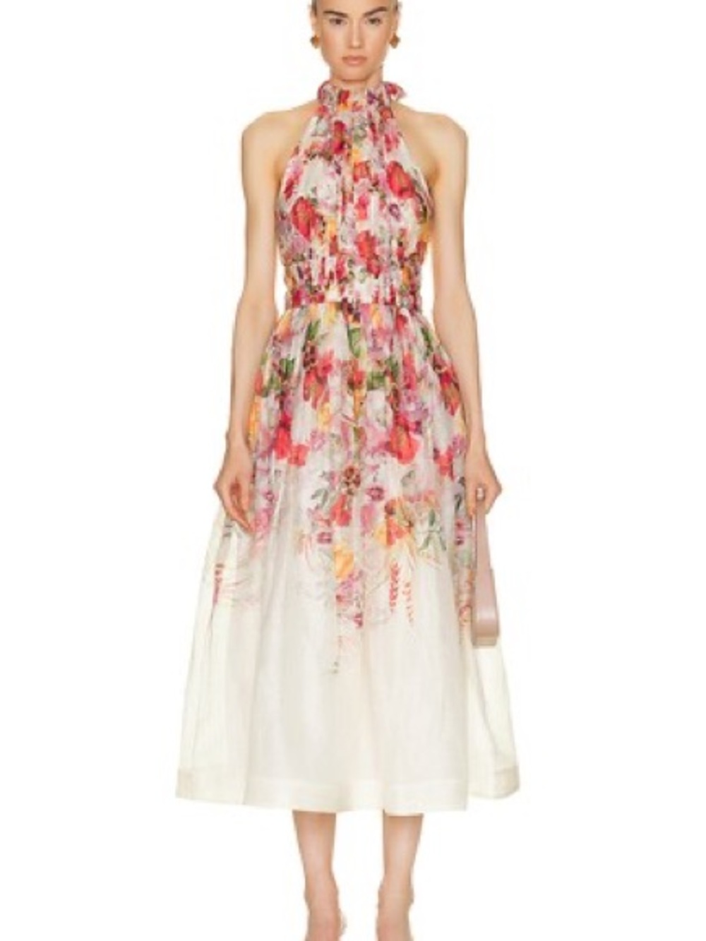 Zimmermann Wonderland Halter Midi AU-2 Dress with Pink and Red Floral Print